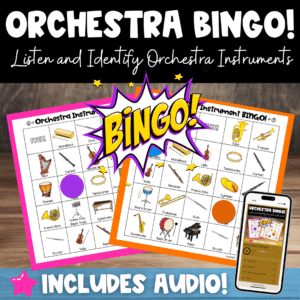 Orchestra instrument bingo game with audio for elementary music students