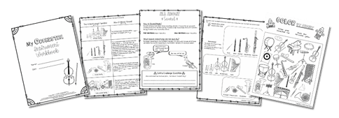 Black and white printable orchestra instrument worksheets for elementary students, including a cover page, instrument family activities, sound science lesson, and color-by-family sheet