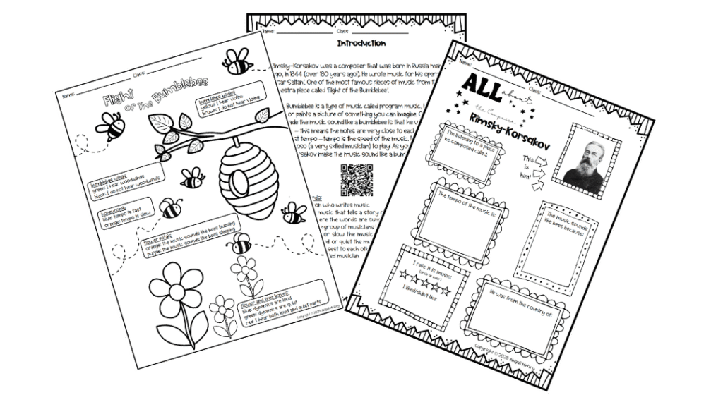 Three worksheets displaying information about the musical piece 'Flight of the Bumblebee' by Rimsky-Korsakov, featuring illustrations of bees, a beehive, and prompts for student interaction.