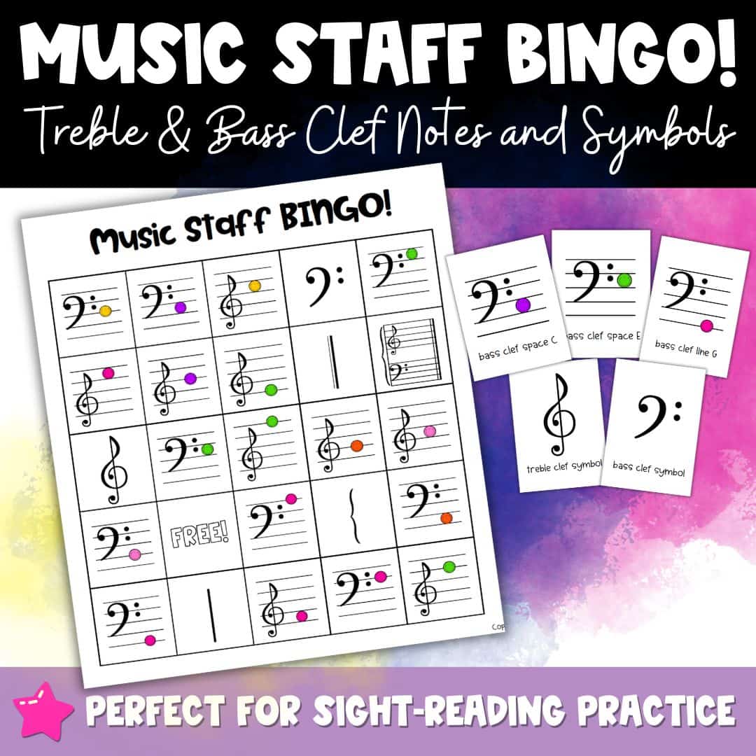 Music Notes Staff Bingo Game | Treble & Bass Clef, Grand Staff, Music Symbols