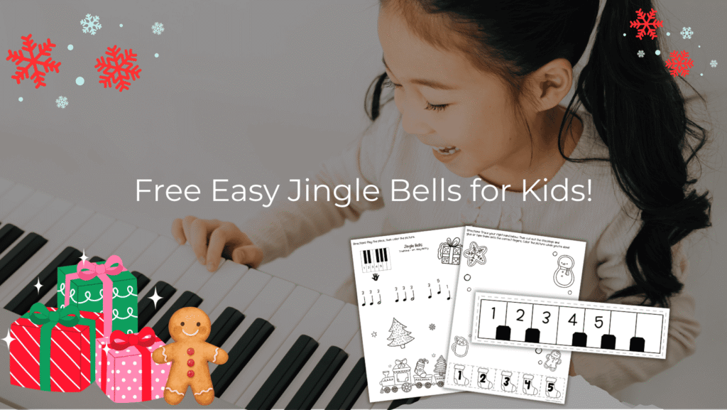 A young girl playing piano with a joyful expression, surrounded by Christmas-themed decorations, presents, and worksheets labeled 'Free Easy Jingle Bells for Kids!'
