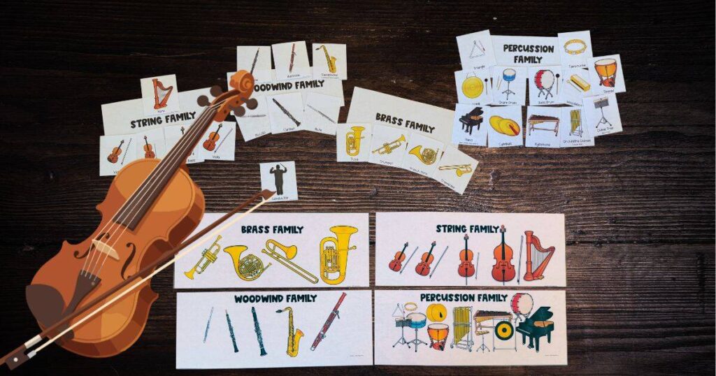 An illustration of various orchestra instruments, including a violin, with labeled categories for string, woodwind, brass, and percussion families displayed on cards.
