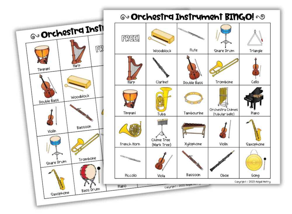 Colorful bingo cards featuring various orchestra instruments, including timpani, harp, flute, and violin, arranged in a grid format.
