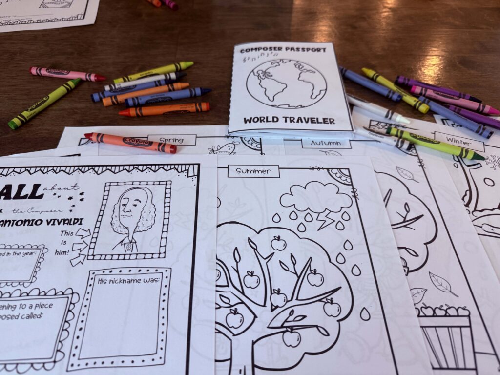 A collection of coloring worksheets related to Vivaldi's 'The Four Seasons,' showcasing scenes for each season along with crayons and a 'Composer Passport' booklet.