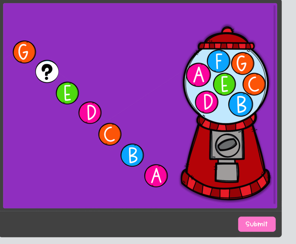 Colorful gumball machine with labeled gumballs arranged in a sequence on a purple background, including letters A through G and a question mark.