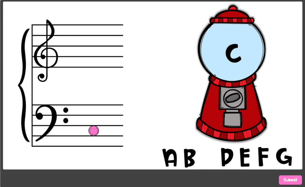 Musical notation on the left featuring a treble clef and a pink note, with a red gumball machine on the right displaying the letter C and the text 'AB DEF G'.