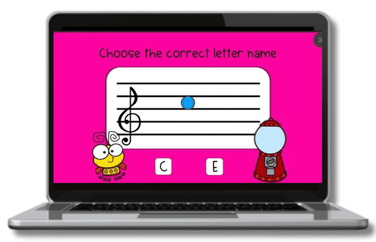 An educational app displayed on a laptop screen, featuring a pink background with a musical staff, a blue note, and two characters: a cartoon insect and a gumball machine. The text prompts the user to choose the correct letter name from options 'C' and 'E'.