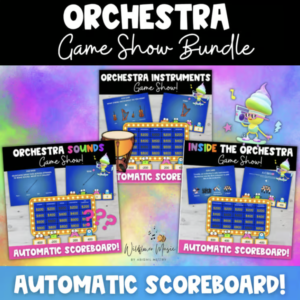 Orchestra game show bundle with instrument listening, orchestra sounds, and trivia games for elementary music