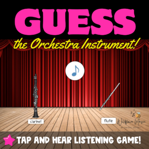 Interactive orchestra instrument listening game featuring clarinet and flute choices in a Guess the Orchestra Instrument PowerPoint activity.
