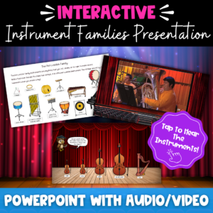 Orchestra instrument families interactive PowerPoint lesson featuring strings, woodwinds, brass, and percussion for elementary music students.