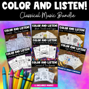 Elementary music listening activities bundle with composer worksheets, guided listening, coloring, and classical music activities.