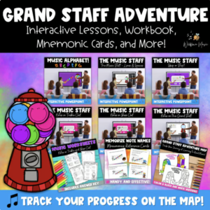 Treble and bass clef note reading lessons with interactive music activities, games and printable workbook