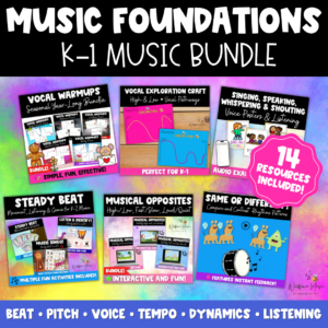 Kindergarten and 1st Grade music bundle with steady beat games, vocal exploration, listening activities and music opposites